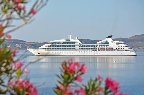 a cruise ship in the water with pink flowers at Villa Zampeta in Adamas