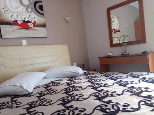 a bedroom with a bed and a mirror at Zisis Garden Studios in Ioannina