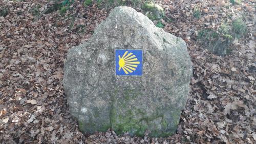 a rock with a flag on it on the ground at Albergue Camiño Real in Sigüeiro