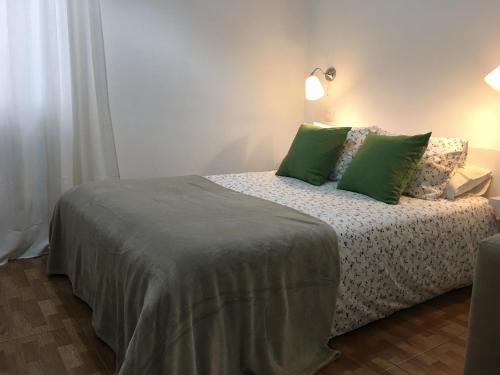 1 dormitorio con 1 cama con almohadas verdes en Estudios Ciudad Jardín, en Las Palmas de Gran Canaria