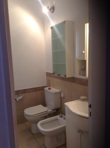 a bathroom with a toilet and a sink at La Casa Roja Arroyito Rio in Rosario