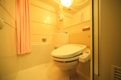 a small bathroom with a toilet and a shower at Hotel Park Side Hiroshima Peace Park in Hiroshima