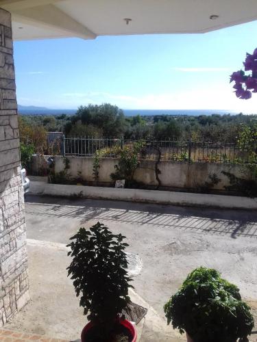 two potted plants sitting in a patio with a view at Room near the Airport in Pikérmion