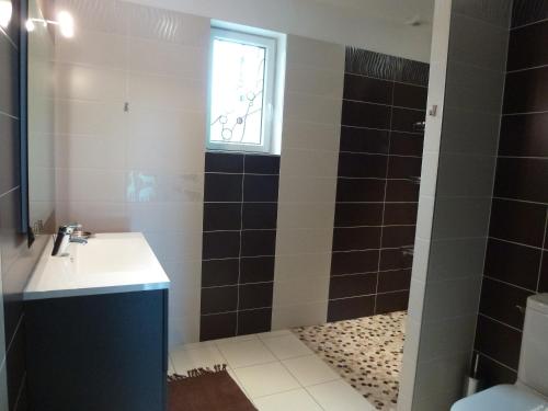 a bathroom with a sink and a shower with a window at La maison verte in Agon Coutainville
