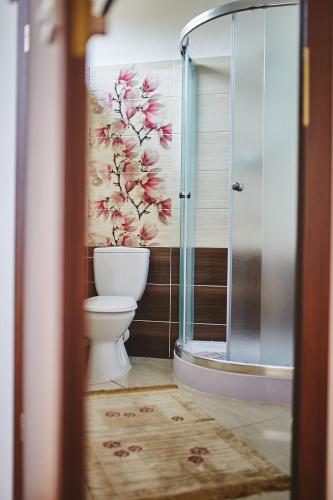 a bathroom with a toilet and a glass shower at Penzión Music in Nižný Slavkov