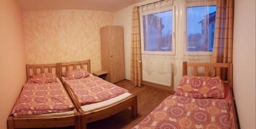 a small room with two beds and a window at Apartmány Mimpi in Frymburk