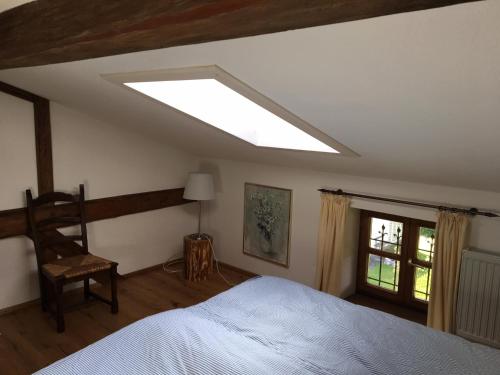a bedroom with a large bed and a skylight at Wohnen am Weißachsteg in Kreuth