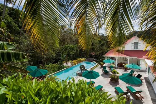 uma vista superior para uma piscina com cadeiras e guarda-sóis em La Dauphine Estate em Soufrière