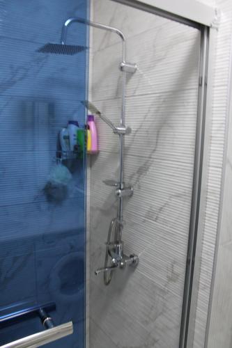 a shower with a glass door in a bathroom at Saburtalo Apartment in Tbilisi City