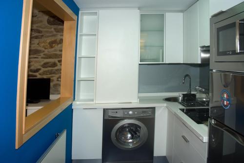 a small kitchen with a washing machine in it at Apartamentos Domus Stellae in Santiago de Compostela