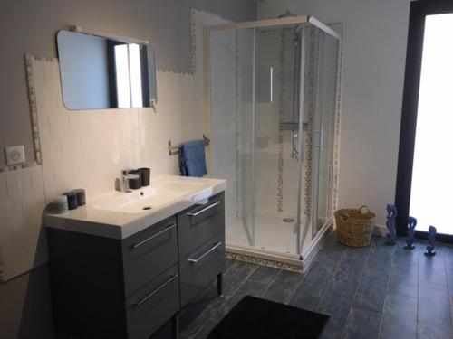 a bathroom with a shower and a sink and a toilet at STUDIO 88 in Sainte-Adresse