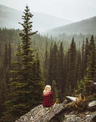 a woman sitting on a rock in a forest at DAS TANN rooms & wine in Thale