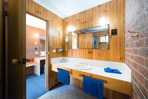 y baño con lavabo y espejo. en Kookaburra Motor Lodge en Halls Gap