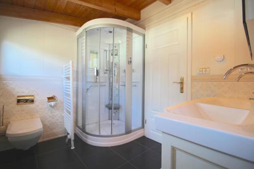 a bathroom with a shower and a sink and a toilet at Himmelschlösschen & Chalet Rose in Garmisch-Partenkirchen