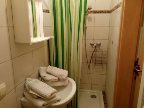 baño con lavabo y cortina de ducha verde en Pension "Am Tor zum Mainbogen", en Grettstadt