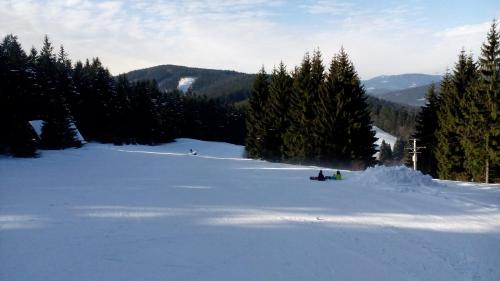 a group of people skiing down a snow covered slope at Chata Wostry in Bílá