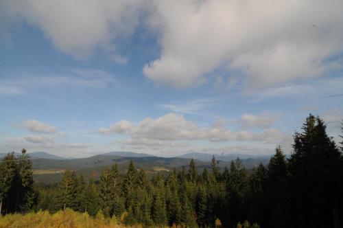 a view of trees and mountains under a cloudy sky at Chata Wostry in Bílá