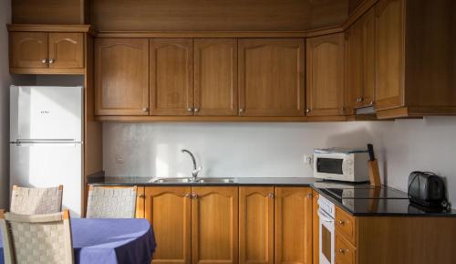 a kitchen with wooden cabinets and a sink and a microwave at Carlos III in Sant Carles de la Ràpita