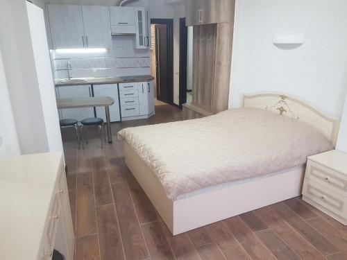 a small bedroom with a bed and a kitchen at Apart Panorama in Lviv