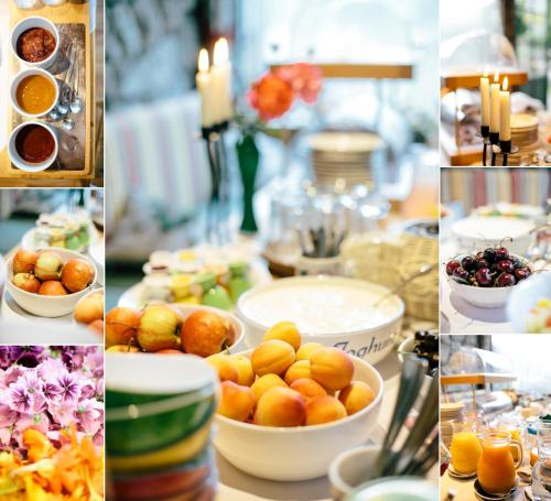 a collage of pictures of a table with food at Seegasthof Gamsjaga in Sankt Gilgen