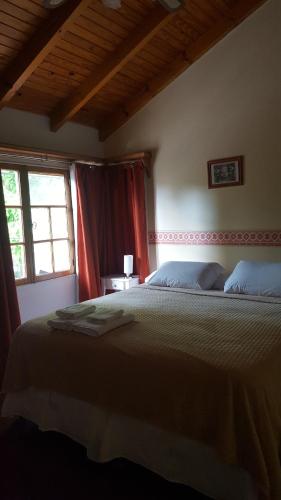 a bedroom with a large bed with a red curtain at Hostería Plas y Coed Gwesty in Gaiman