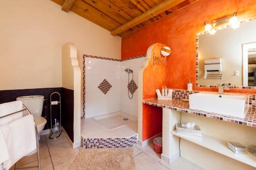 a bathroom with a white sink and a mirror at La Ribeyrette in Chamborigaud