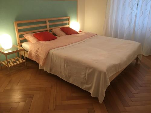 1 dormitorio con 1 cama grande y 2 almohadas rojas en Appartement Douces heures avec parking couvert privé en Le Locle