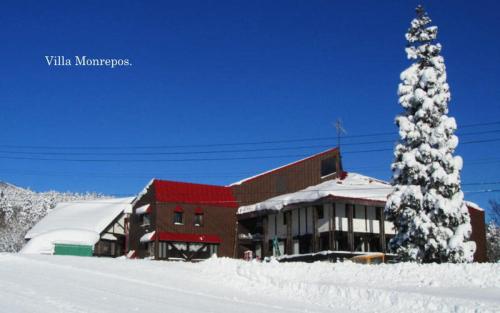 a building with a christmas tree in the snow at Villa Monrepos in Myoko