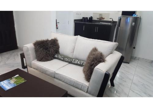 a couch with furry pillows on it in a living room at Studio One Bed Apartment - Off Chevron Drive in Lekki
