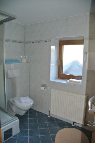 a bathroom with a toilet and a window at Gasthof Zum Stollhofer in Inzing