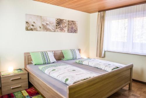 Bett in einem Zimmer mit Fenster in der Unterkunft Haus am Sonnenhügel in Thallichtenberg