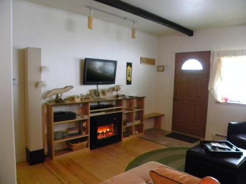 a living room with a tv and a fireplace at Alaska Chalet Bed & Breakfast in Eagle River