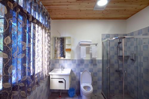 a bathroom with a toilet and a shower and a sink at Peace Inn The Leshan Giant Buddha Branch in Leshan