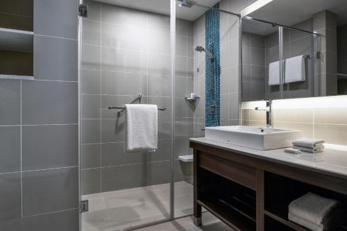 La salle de bains est pourvue d'un lavabo et d'un miroir. dans l'établissement The Residency Towers, Rameswaram, à Rameswaram