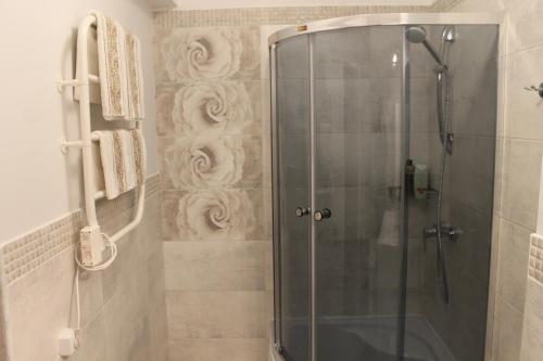 a shower with a glass door in a bathroom at Apartamentai Pluke - Biliūno in Palanga