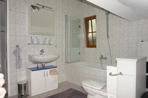 y baño con lavabo, aseo y ducha. en Gästehaus Daniela, en Schwanenstadt