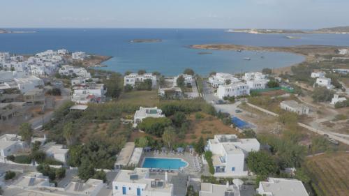 an aerial view of a city and the ocean at Zoumis Residence in Naousa