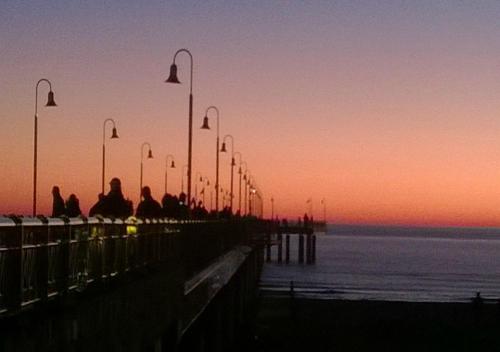 a group of people sitting on a pier watching the sunset at Hotel Storyville - svago e convenzioni aziendali in Cinquale
