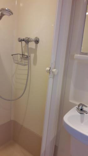 a bathroom with a shower and a sink at Alexandra Guest House in Hemel Hempstead