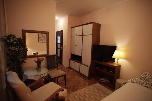 un soggiorno con un divano e una televisione di Studio Hram a Belgrado