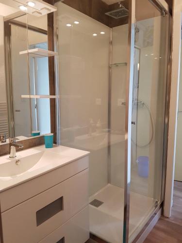 une salle de bain avec une douche, un lavabo et une baignoire dans l'établissement Côte de Granit Rose, à Perros-Guirec