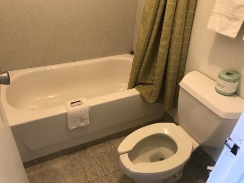 a bathroom with a white toilet and a bath tub at Royal Inn in Charlotte