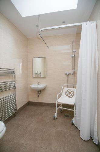 a bathroom with a sink and a shower curtain at Strule Cottage in Strabane
