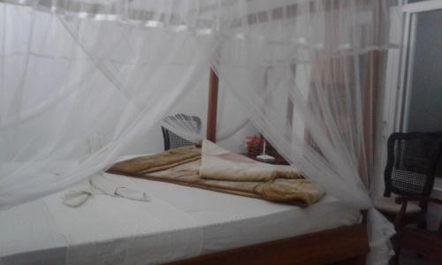 a bedroom with a bed with a canopy and curtains at Lilly Guest Inn in Haputale
