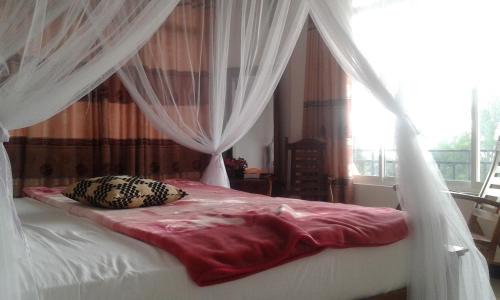 a bedroom with a canopy bed with curtains and a window at Lilly Guest Inn in Haputale