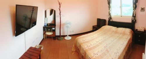 a bedroom with a bed and a fan in it at Du Du Hao B&B in Yongan
