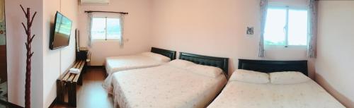 two beds in a room with a tv and windows at Du Du Hao B&B in Yongan