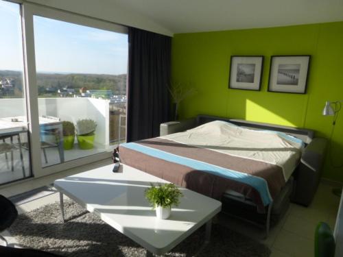 - une chambre avec un lit et un mur vert dans l'établissement Appartement Iris, au Coq