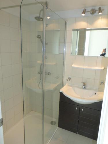 een badkamer met een glazen douche en een wastafel bij Appartement Iris in De Haan