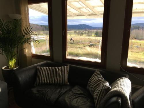 a couch sitting in a living room with windows at Utsikten in Borlänge